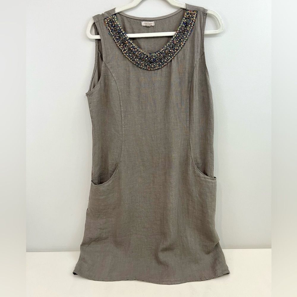 Lina Tomei Made in Italy 100% Linen Beaded Shift Dress In Taupe L